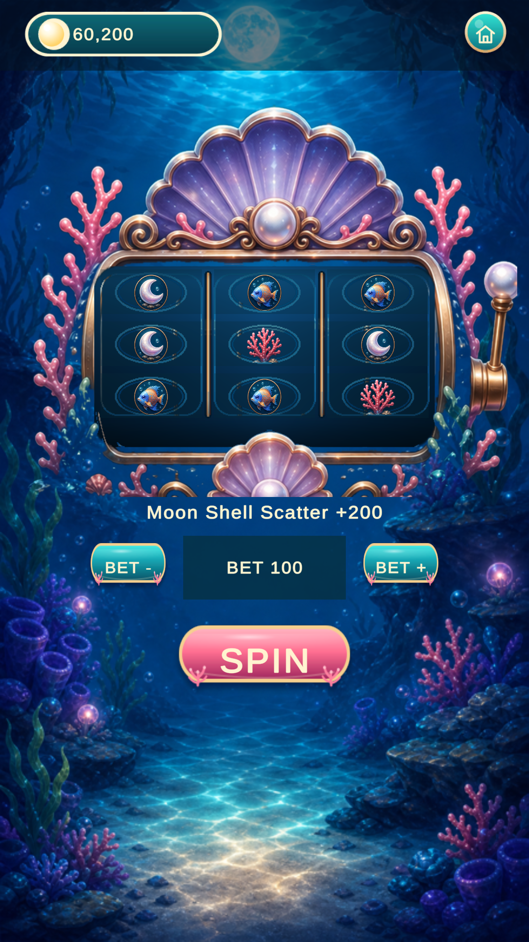 Moonlit Reef Slots settings screen